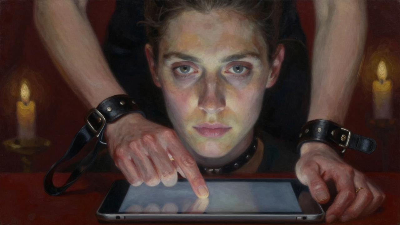 A client&#039;s finger taps a tablet as a dominatrix holds their hand, leather strap connecting them gently, candlelight glowing in the background.