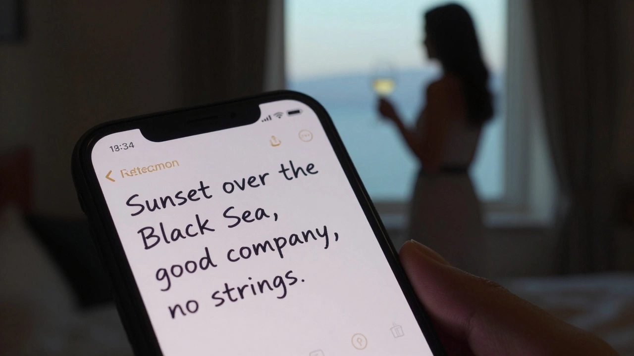 A Telegram message on a phone screen reading &#039;good company, no strings&#039; with a blurred Sochi sunset behind it.