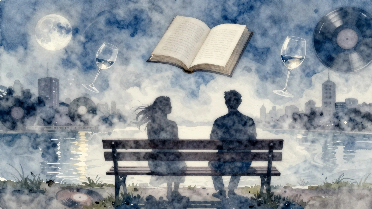 Silhouettes on a riverside bench, their forms blending into mist shaped like wine glasses and vinyl records under a moon shaped like an open book.