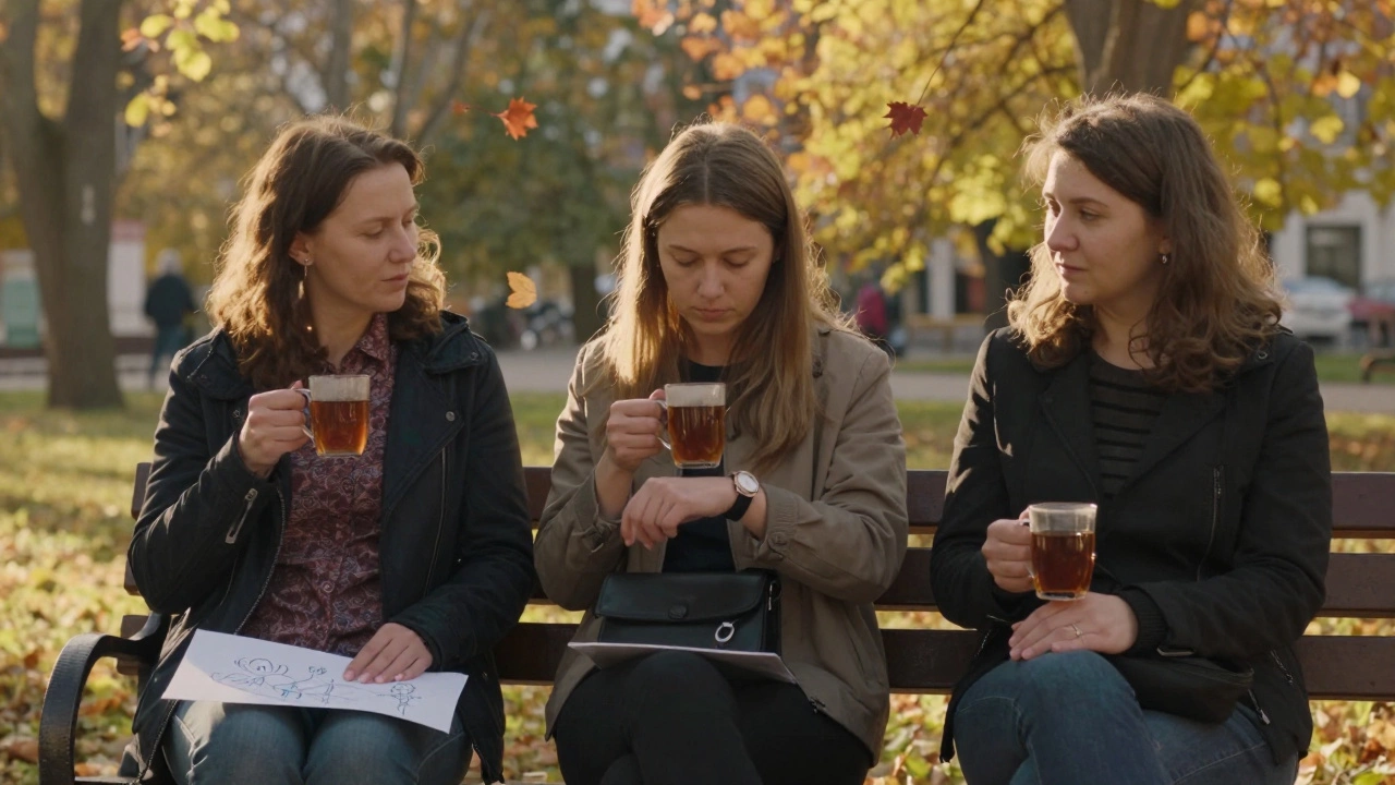 Three women of different ages sitting together in a park, sharing quiet moments under autumn light.