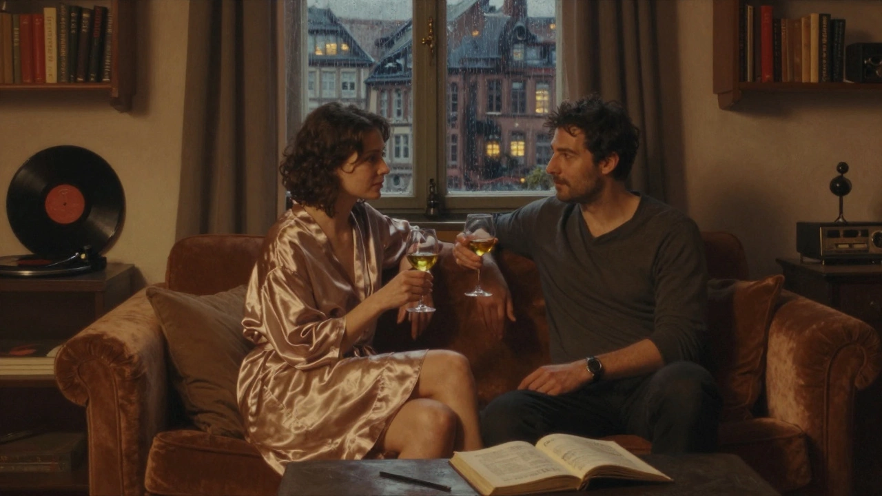 Two people sharing a quiet moment in a cozy apartment, sipping wine as city lights glow through the window.